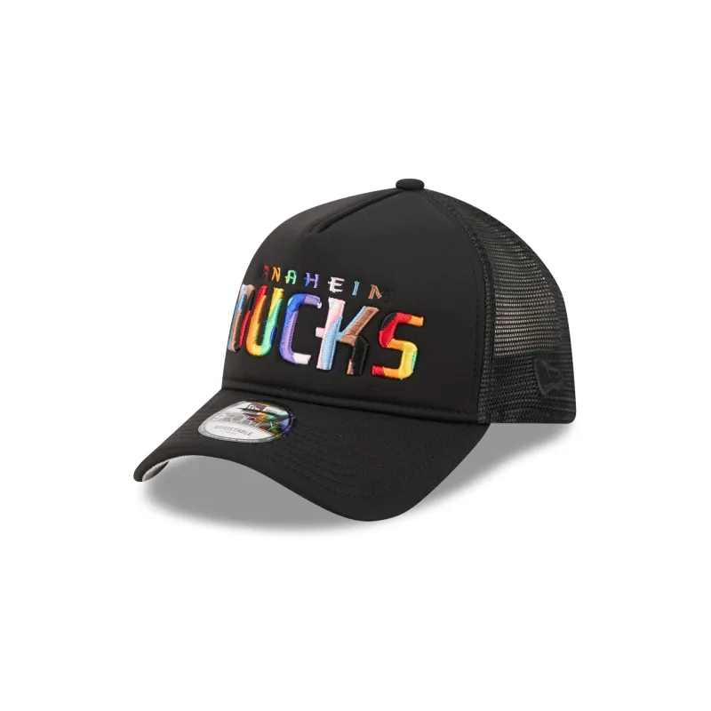 Anaheim Ducks Rainbow Wordmark 9FORTY A-Frame Trucker Hat made by New Era