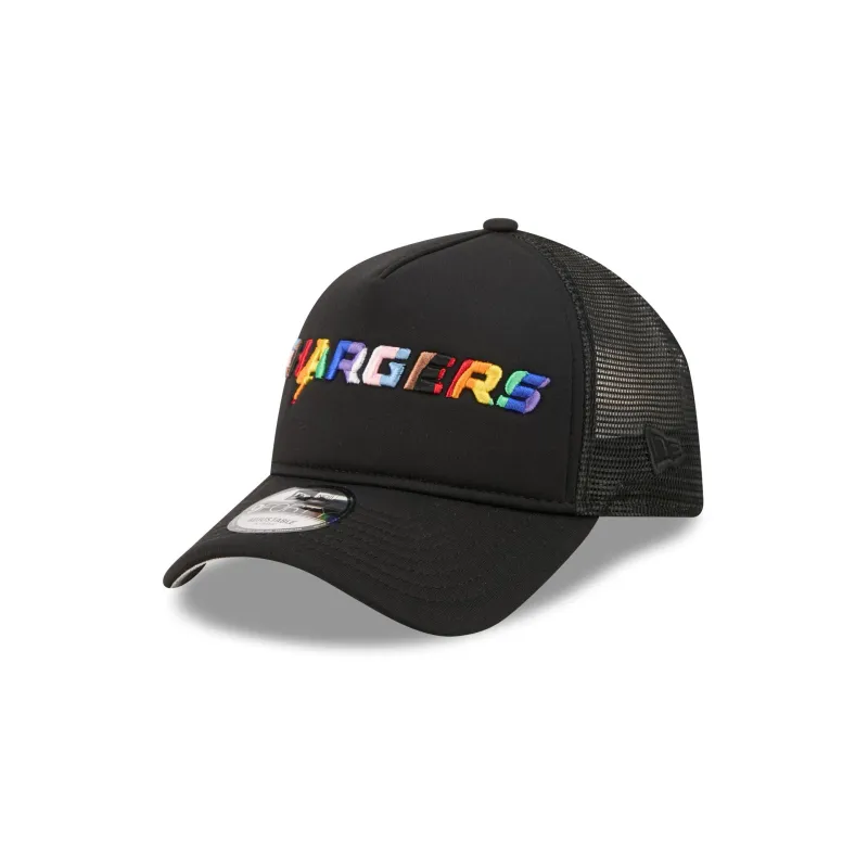 Los Angeles Chargers Rainbow Wordmark 9FORTY A-Frame Trucker Hat made by New Era