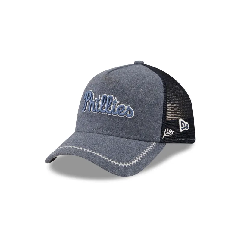 Philadelphia Phillies Navy Brushed Chambray 9FORTY A-Frame Trucker Hat made by New Era