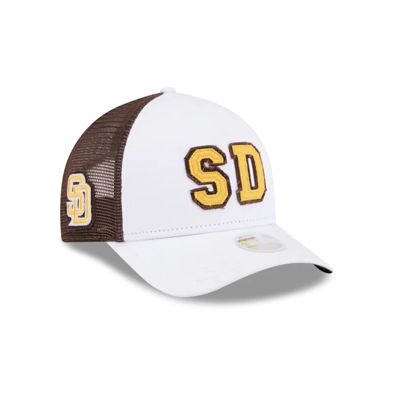 San Diego Padres Optic White Felt Logo Women's 9FORTY M-Crown A-Frame Trucker Hat made by New Era