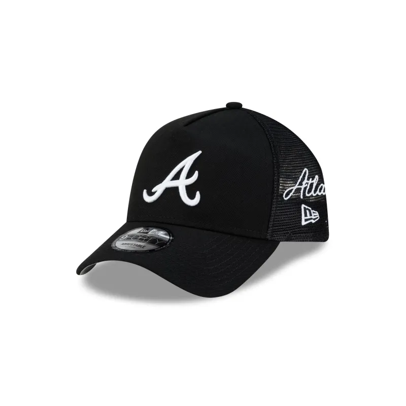 Atlanta Braves Side Script Black 9FORTY A-Frame Trucker Hat made by New Era