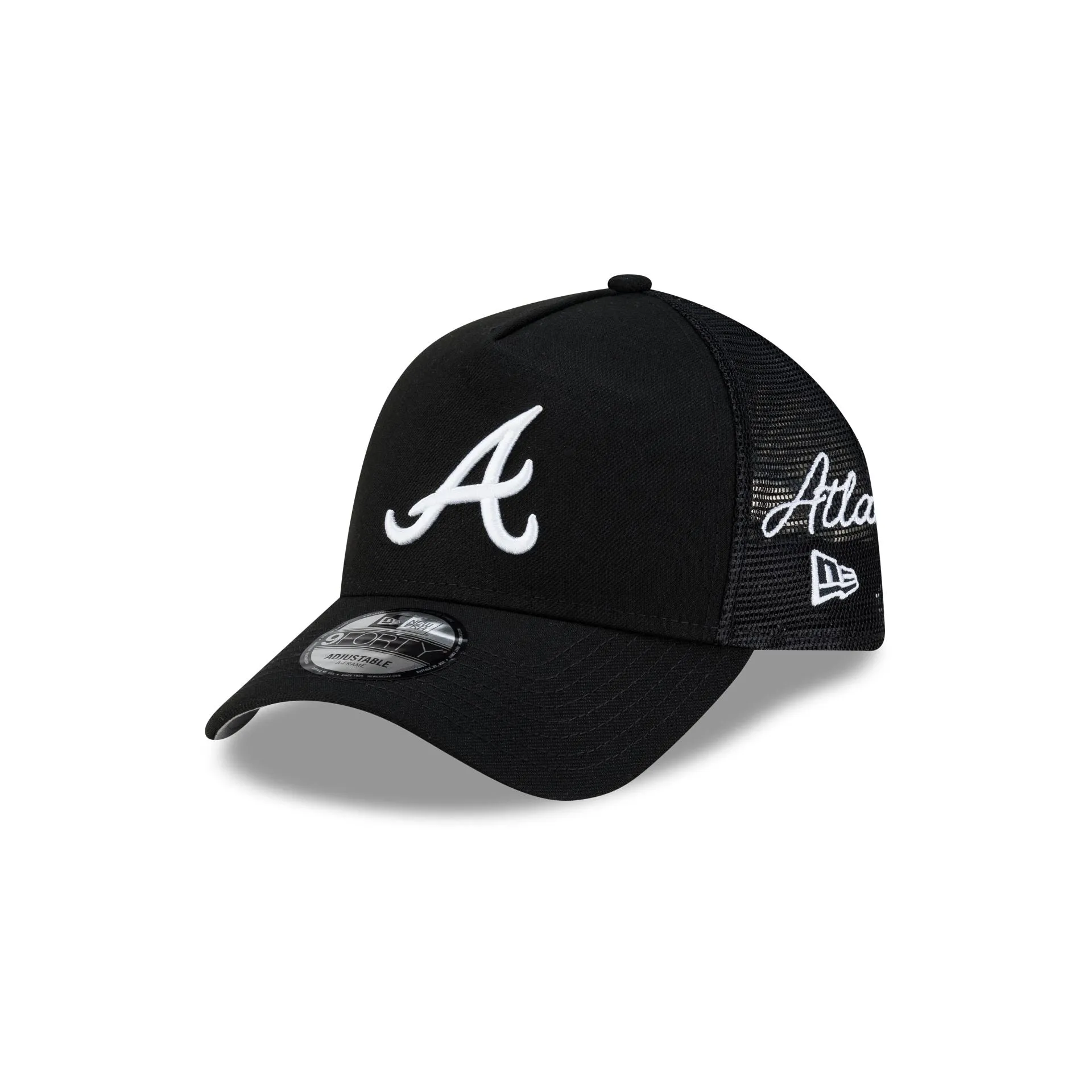 Atlanta Braves Side Script Black 9FORTY A-Frame Trucker Hat sold by New Era