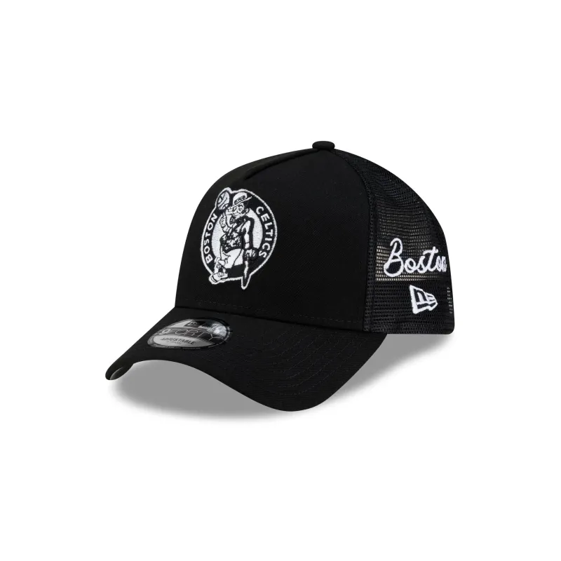 Boston Celtics Side Script Black 9FORTY A-Frame Trucker Hat made by New Era