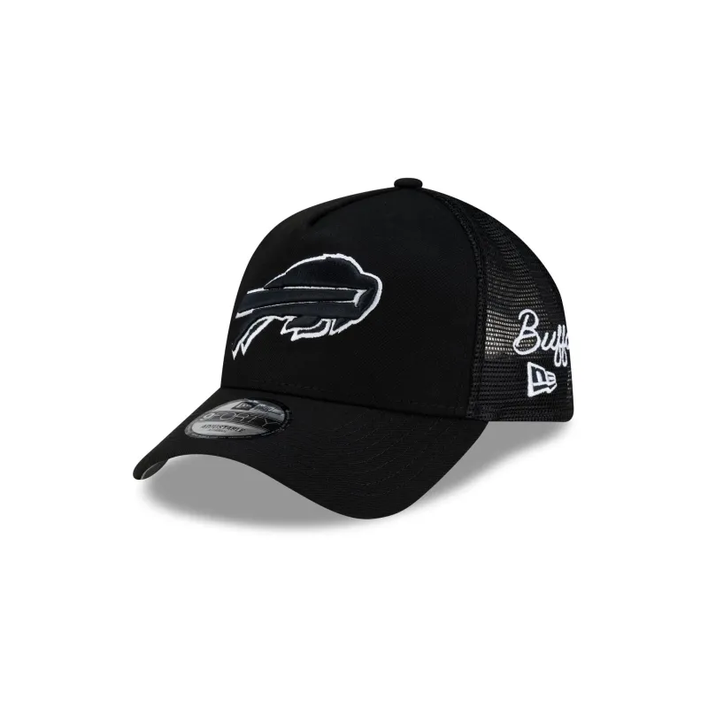 Buffalo Bills Side Script Black 9FORTY A-Frame Trucker Hat made by New Era