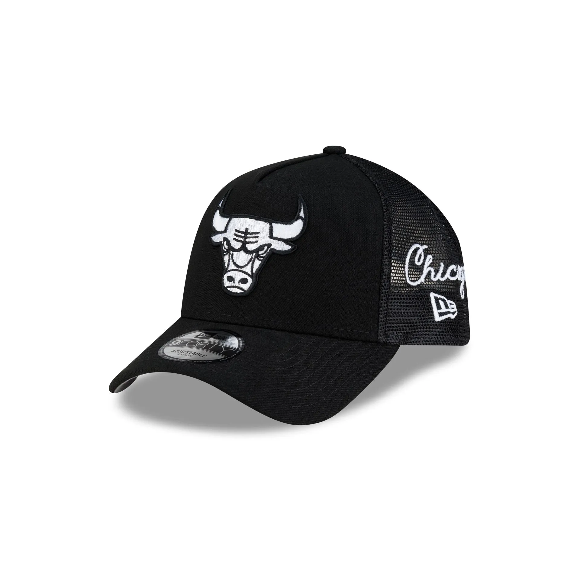 Chicago Bulls Side Script Black 9FORTY A-Frame Trucker Hat sold by New Era
