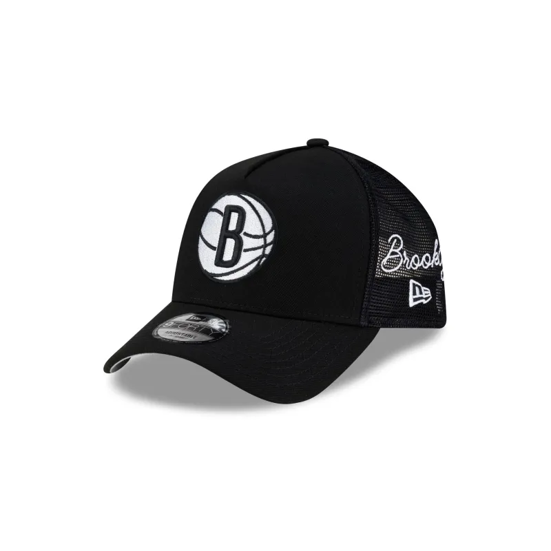 Brooklyn Nets Side Script 9FORTY A-Frame Trucker Hat made by New Era