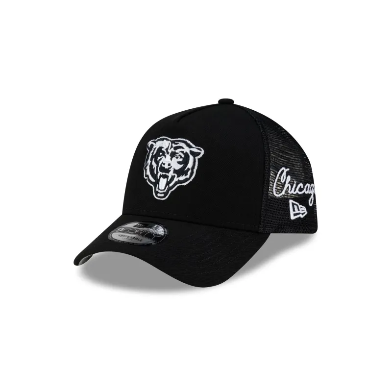 Chicago Bears Side Script Black 9FORTY A-Frame Trucker Hat made by New Era