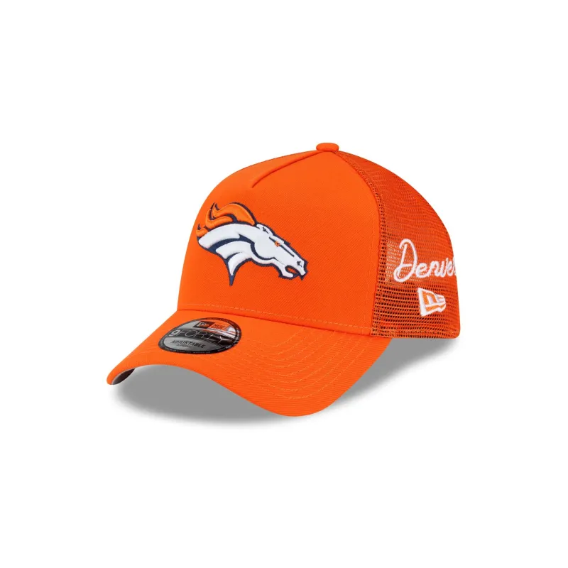 Denver Broncos Side Script 9FORTY A-Frame Trucker Hat made by New Era