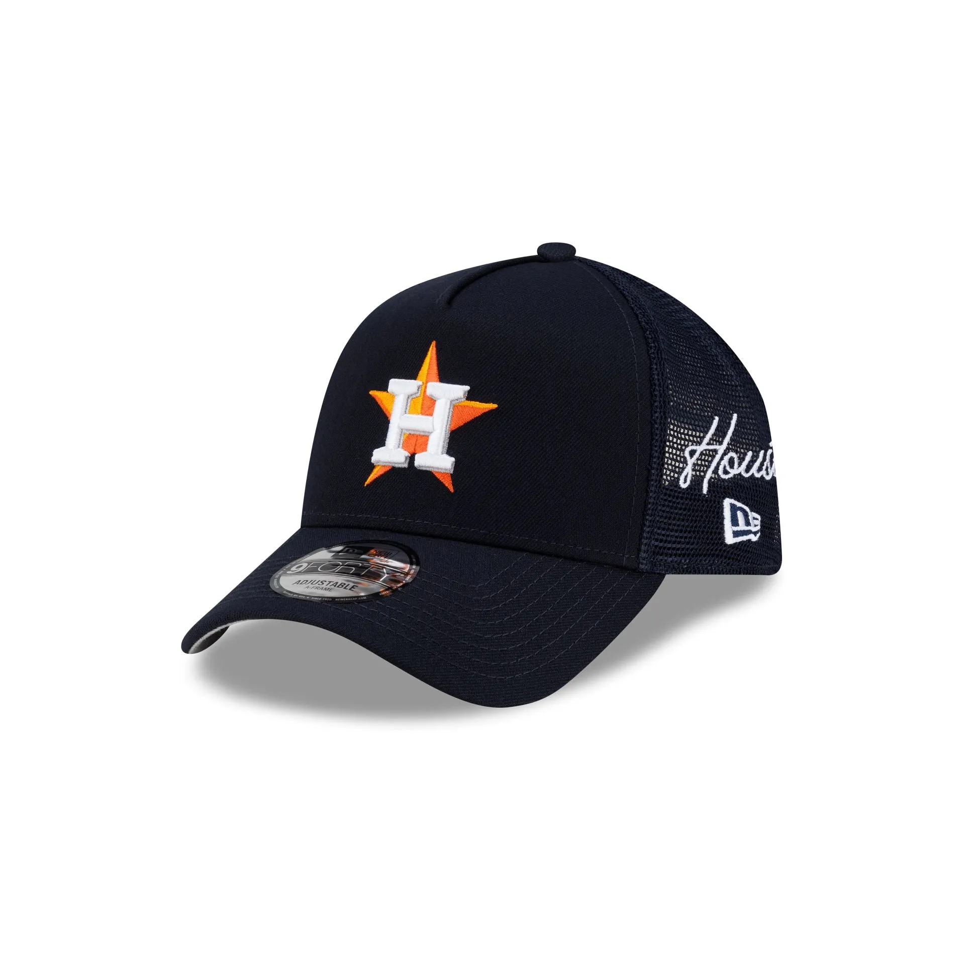Houston Astros Side Script 9FORTY A-Frame Trucker Hat sold by New Era