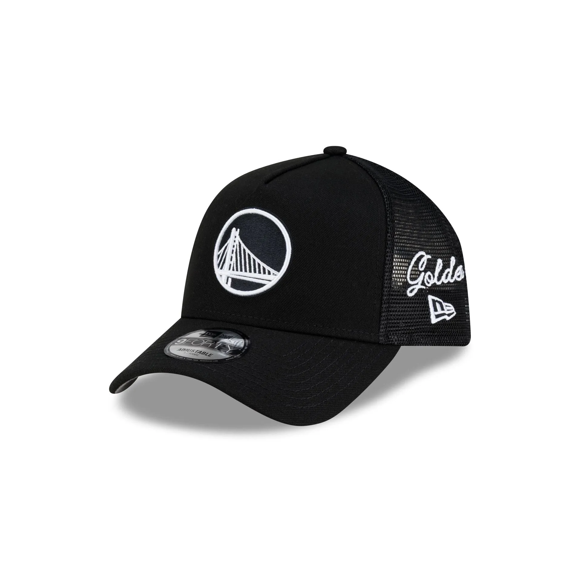 Golden State Warriors Side Script Black 9FORTY A-Frame Trucker Hat sold by New Era