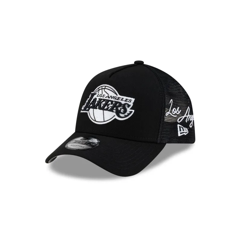 Los Angeles Lakers Side Script Black 9FORTY A-Frame Trucker Hat made by New Era