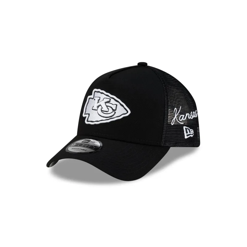Kansas City Chiefs Side Script Black 9FORTY A-Frame Trucker Hat made by New Era