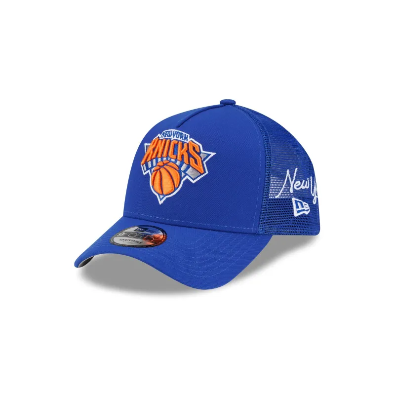 New York Knicks Side Script 9FORTY A-Frame Trucker Hat made by New Era