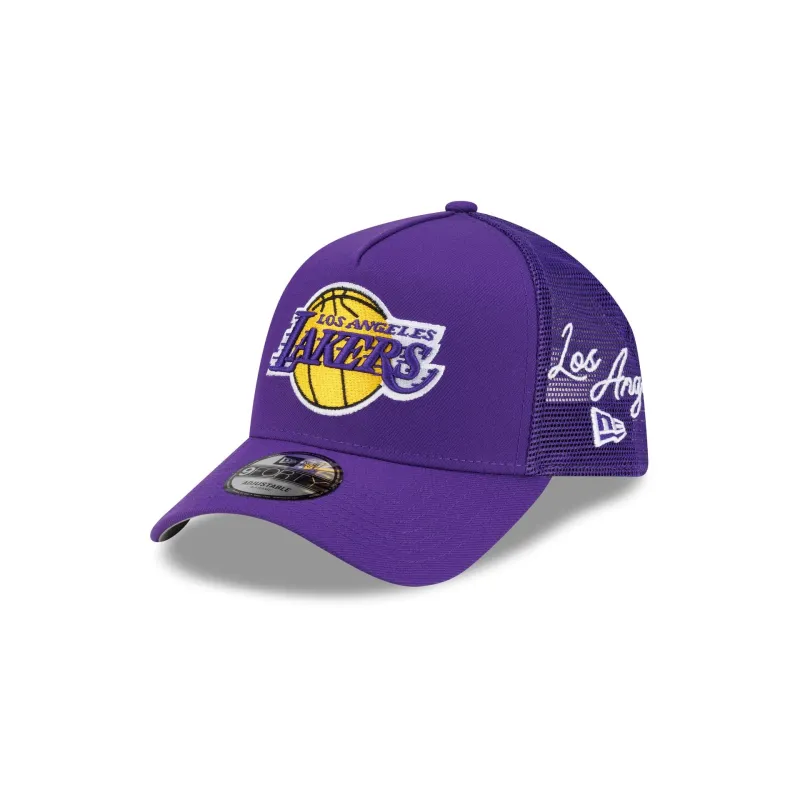 Los Angeles Lakers Side Script 9FORTY A-Frame Trucker Hat made by New Era