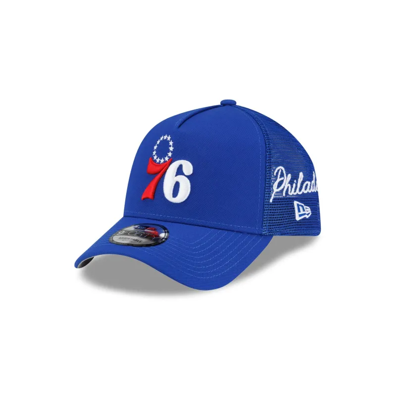 Philadelphia 76ers Side Script 9FORTY A-Frame Trucker Hat made by New Era