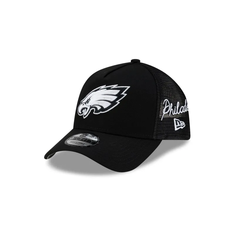 Philadelphia Eagles Side Script Black 9FORTY A-Frame Trucker Hat made by New Era