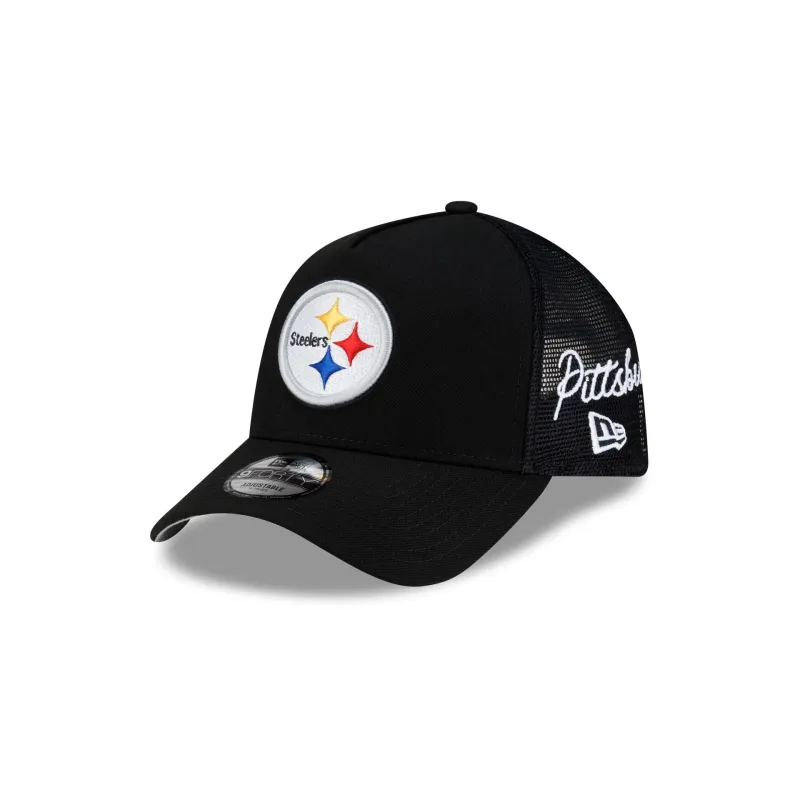 Pittsburgh Steelers Side Script 9FORTY A-Frame Trucker Hat made by New Era