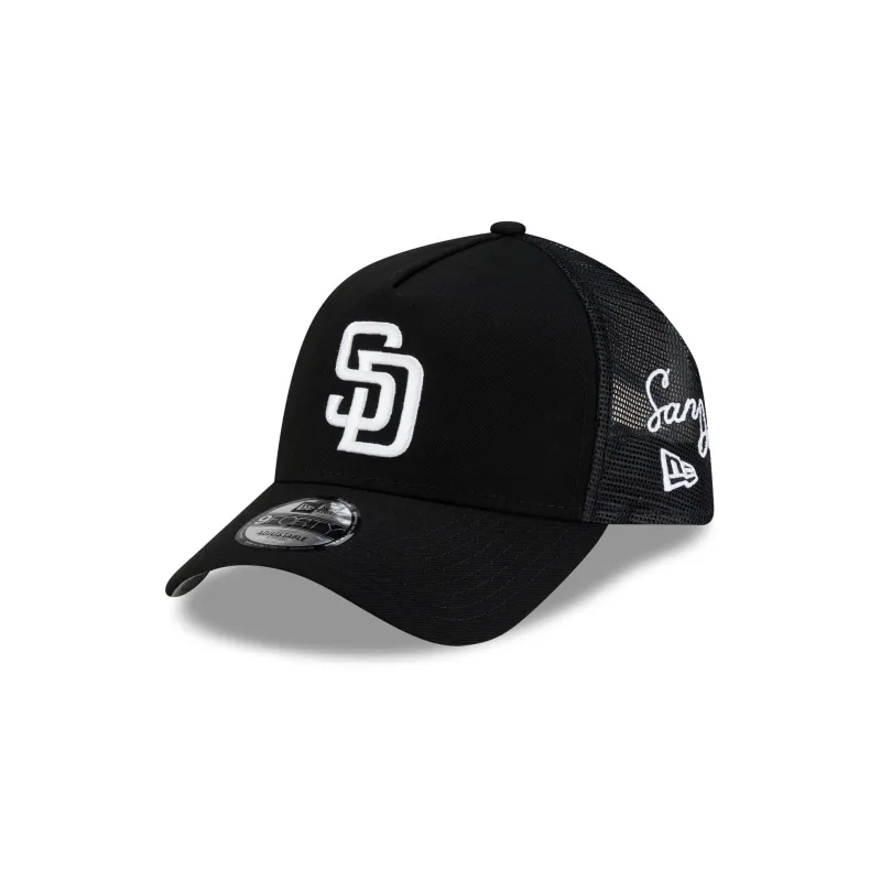 San Diego Padres Side Script Black 9FORTY A-Frame Trucker Hat made by New Era
