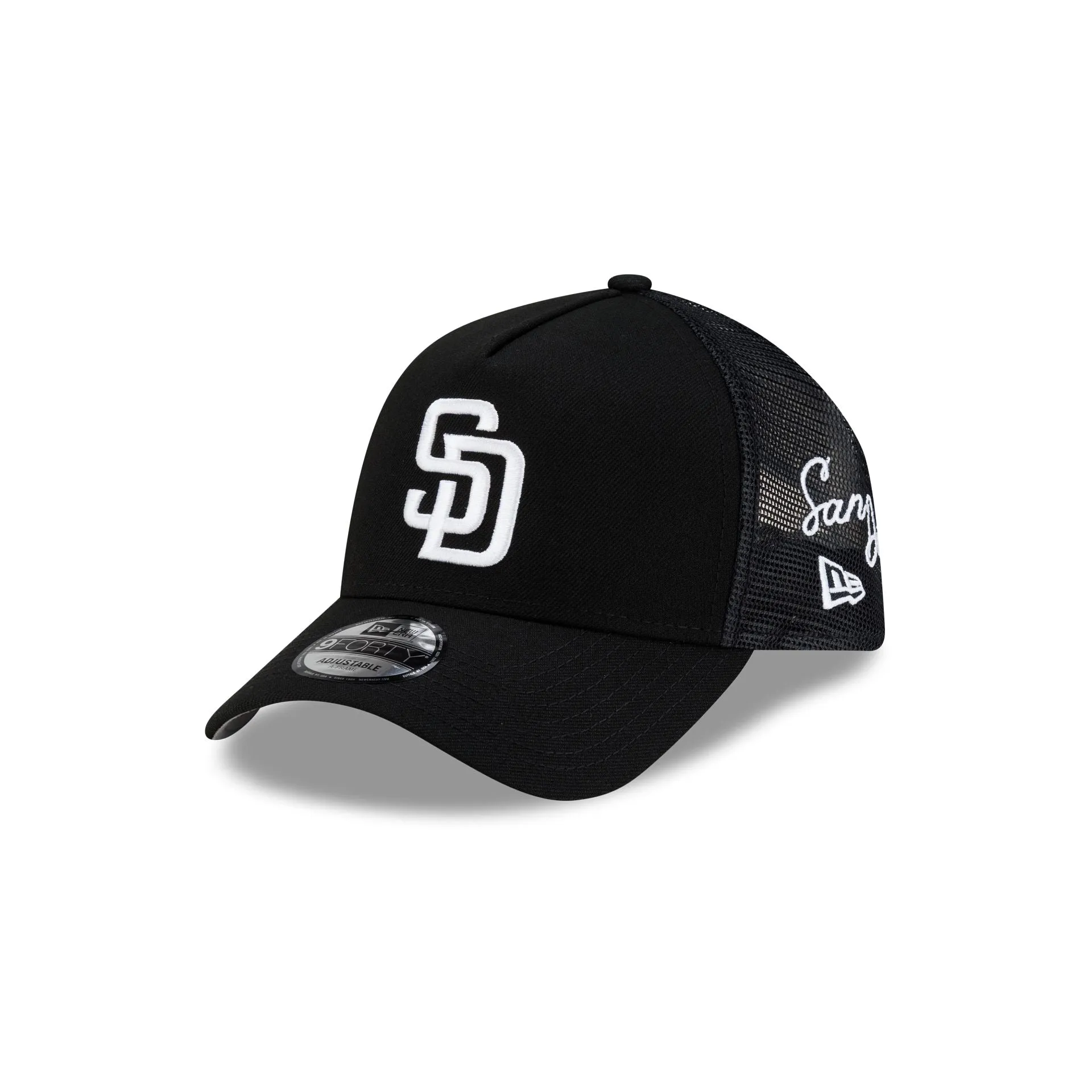 San Diego Padres Side Script Black 9FORTY A-Frame Trucker Hat sold by New Era