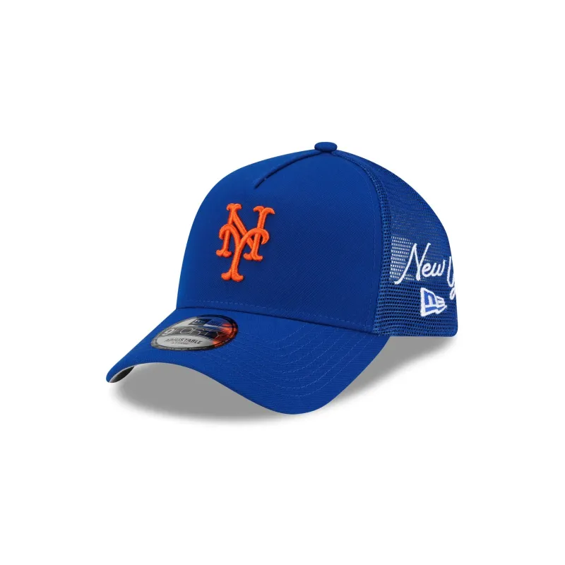 New York Mets Side Script 9FORTY A-Frame Trucker Hat made by New Era