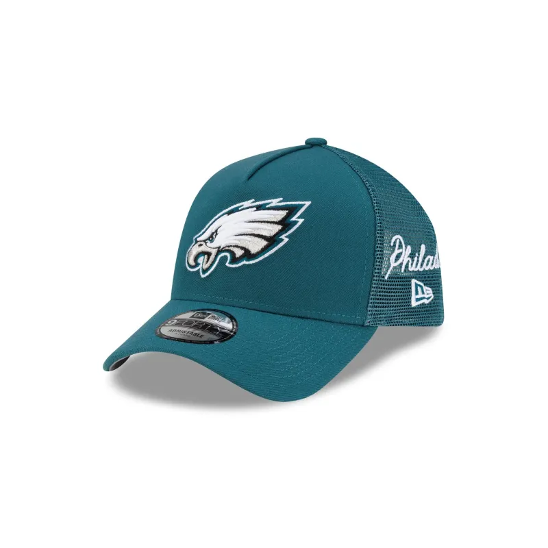 Philadelphia Eagles Side Script 9FORTY A-Frame Trucker Hat made by New Era