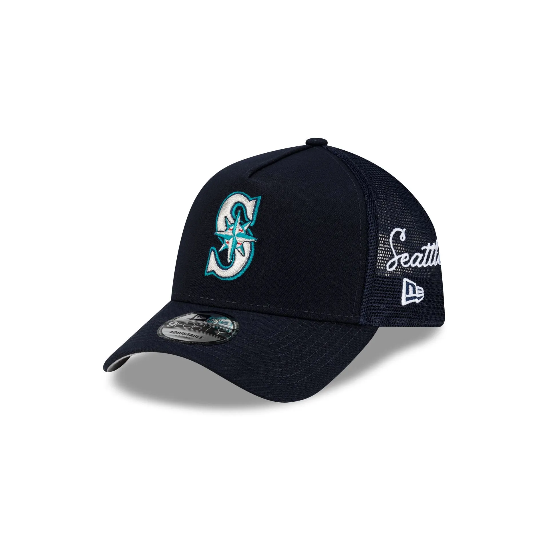 Seattle Mariners Side Script 9FORTY A-Frame Trucker Hat sold by New Era