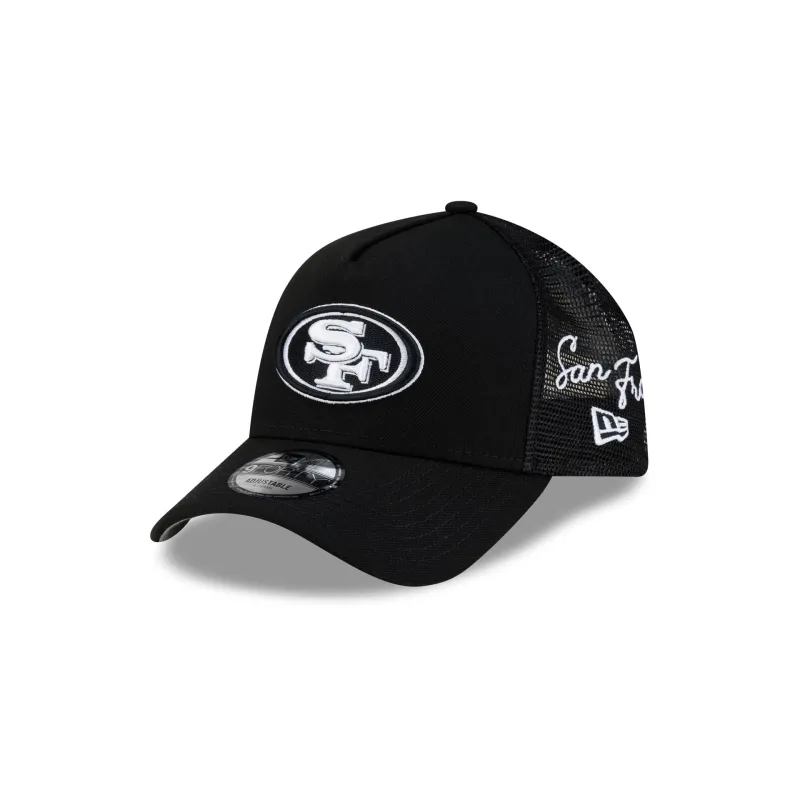 San Francisco 49ers Side Script Black 9FORTY A-Frame Trucker Hat made by New Era