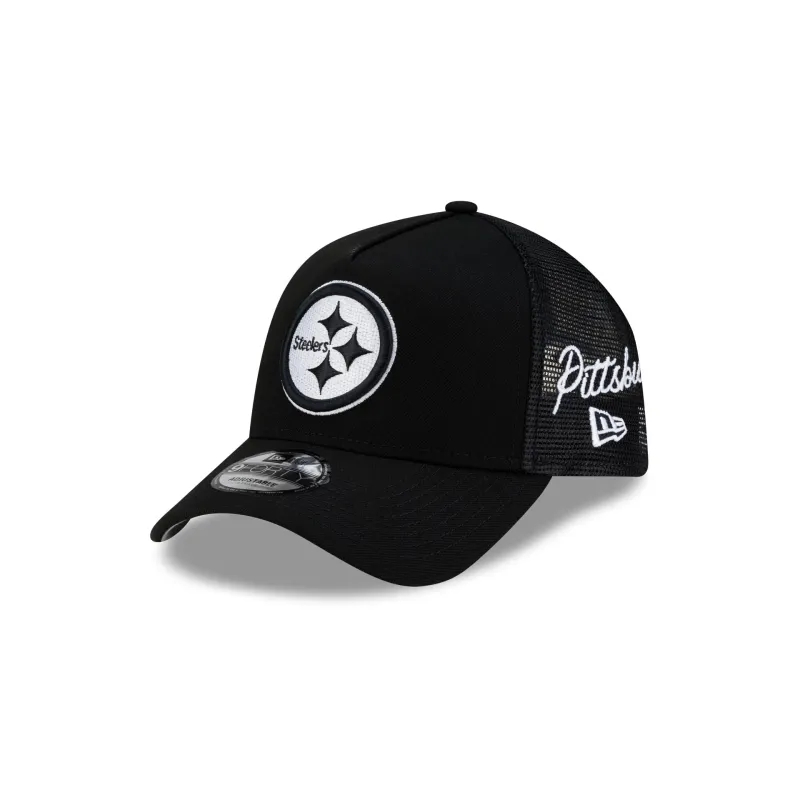 Pittsburgh Steelers Side Script Black 9FORTY A-Frame Trucker Hat made by New Era