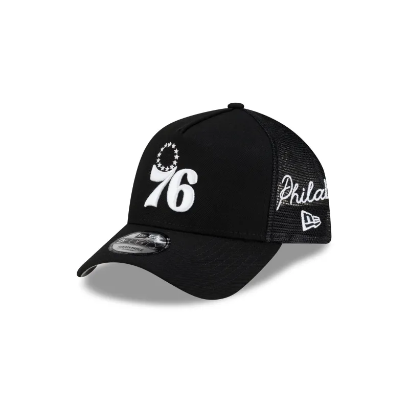 Philadelphia 76ers Side Script Black 9FORTY A-Frame Trucker Hat made by New Era