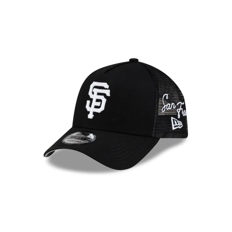 San Francisco Giants Side Script Black 9FORTY A-Frame Trucker Hat made by New Era
