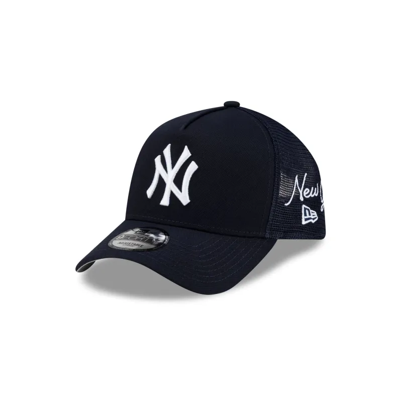 New York Yankees Side Script 9FORTY A-Frame Trucker Hat made by New Era