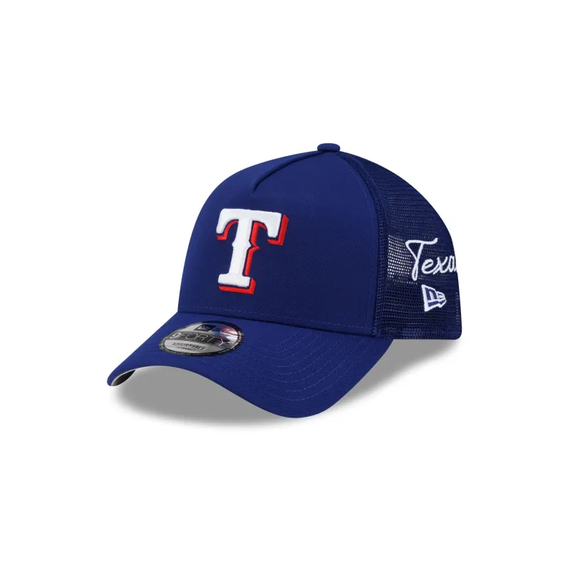 Texas Rangers Side Script 9FORTY A-Frame Trucker Hat made by New Era