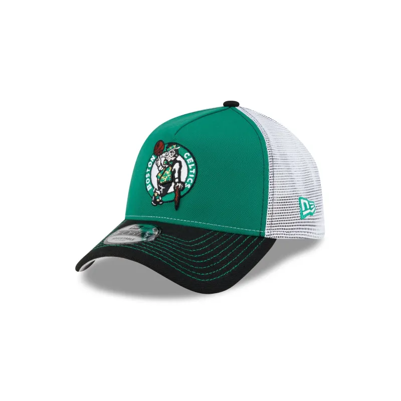 Boston Celtics Hardwood Classics 2000s Contrast Stitch 9FORTY A-Frame Trucker Hat made by New Era