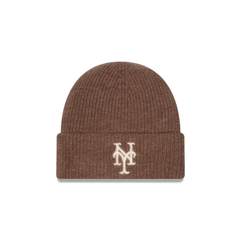 New York Mets Woolen Tan Short Cuff Knit Beanie Hat made by New Era