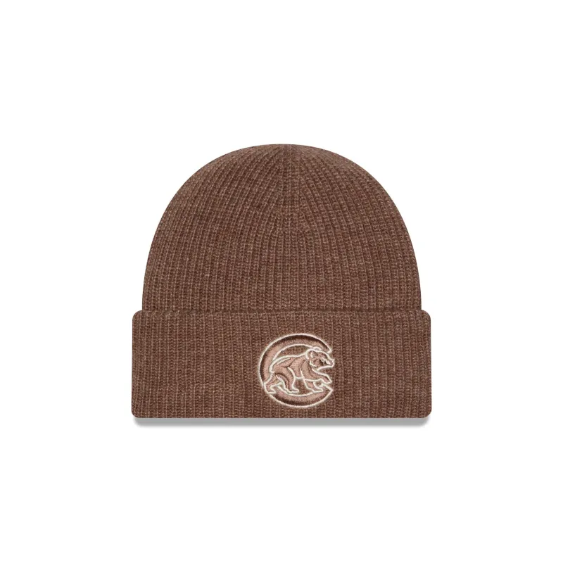 Chicago Cubs Woolen Tan Short Cuff Knit Beanie Hat made by New Era