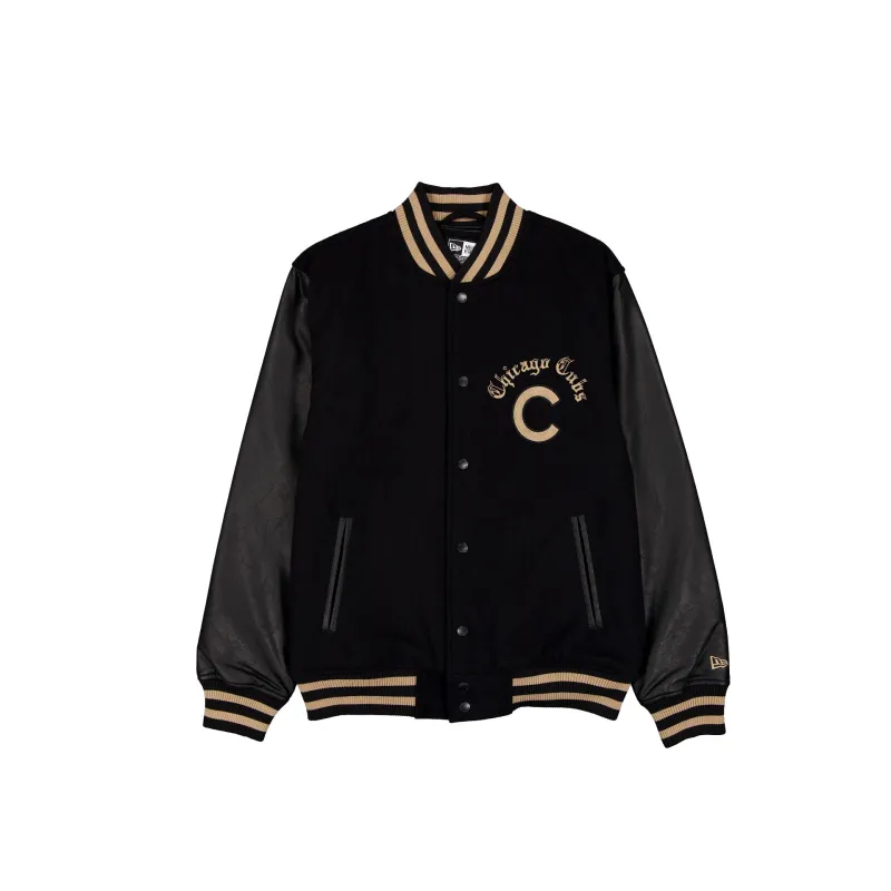 Chicago Cubs Gothic Lettering Black Wool Varsity Jacket made by New Era