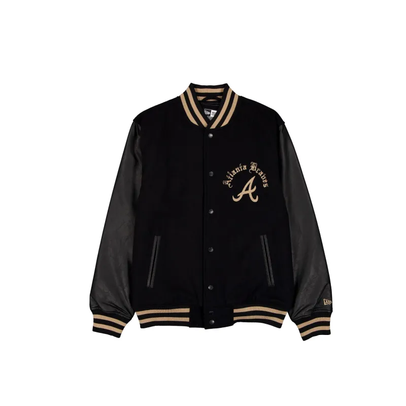 Atlanta Braves Gothic Lettering Black Wool Varsity Jacket made by New Era