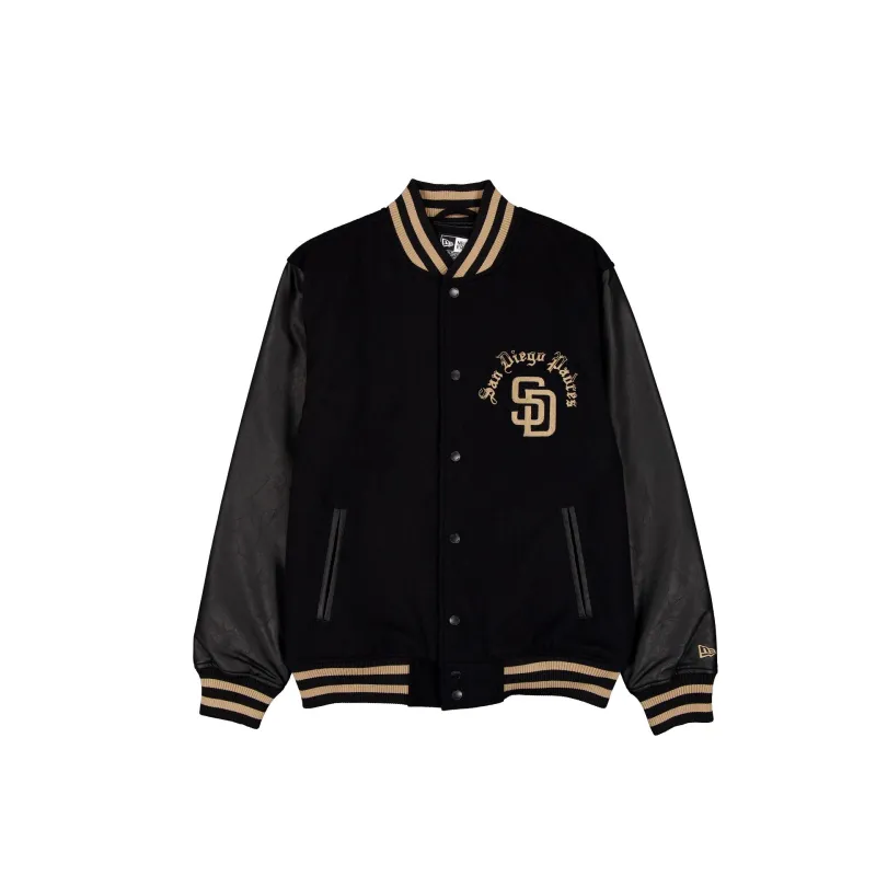 San Diego Padres Gothic Lettering Black Wool Varsity Jacket made by New Era
