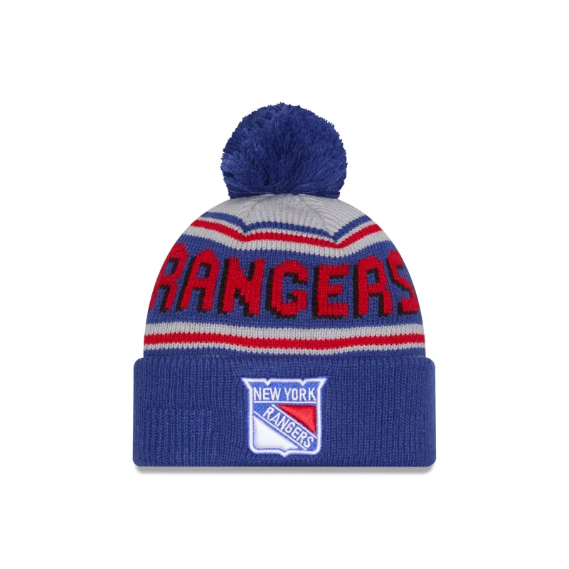 New York Rangers Stripe Wordmark Pom Knit Hat made by New Era
