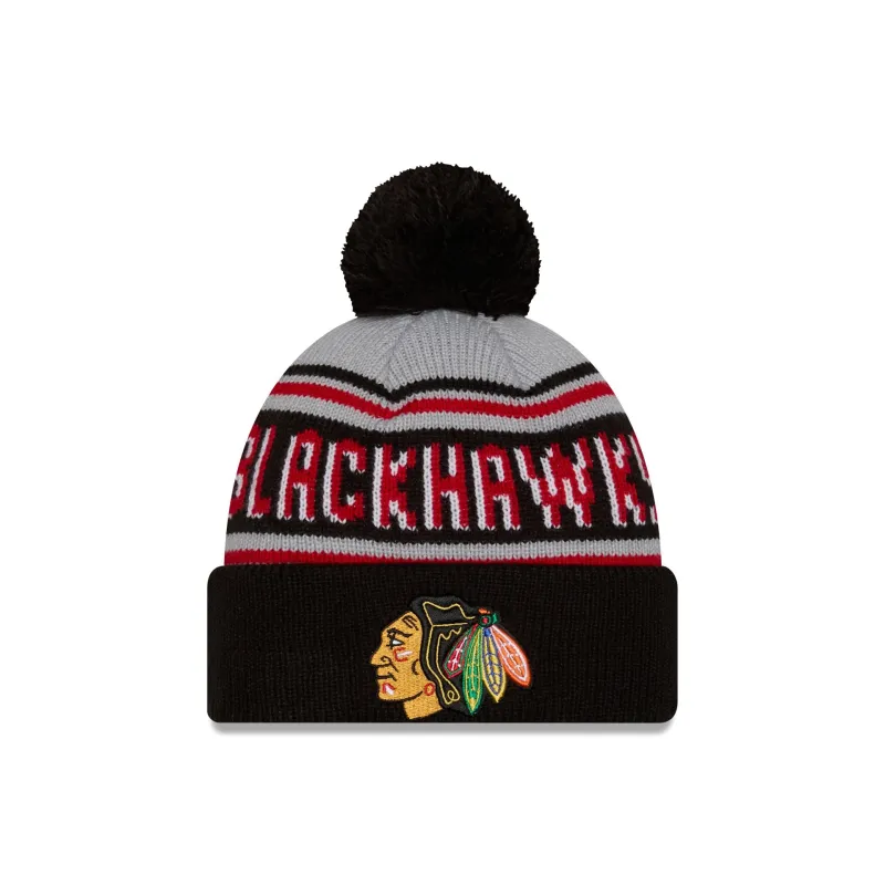 Chicago Blackhawks Stripe Wordmark Pom Knit Hat made by New Era