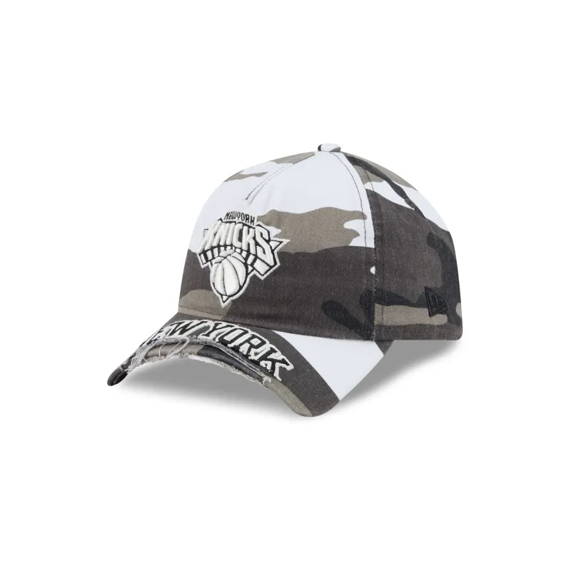 New York Knicks Washed Camo 9FORTY A-Frame Unstructured Cut-Off Visor Snapback Hat made by New Era