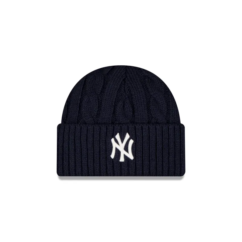 New York Yankees Short Cuff Cable Knit Navy Beanie Hat made by New Era
