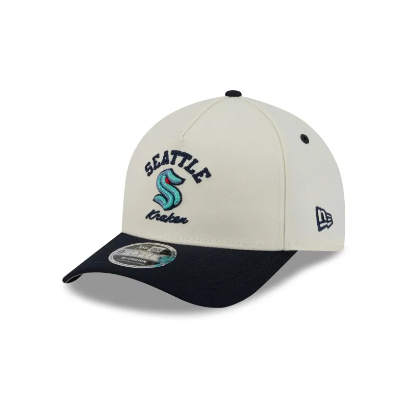 Seattle Kraken Arched Graphic Chrome White 9FORTY M-Crown A-Frame Snapback Hat made by New Era