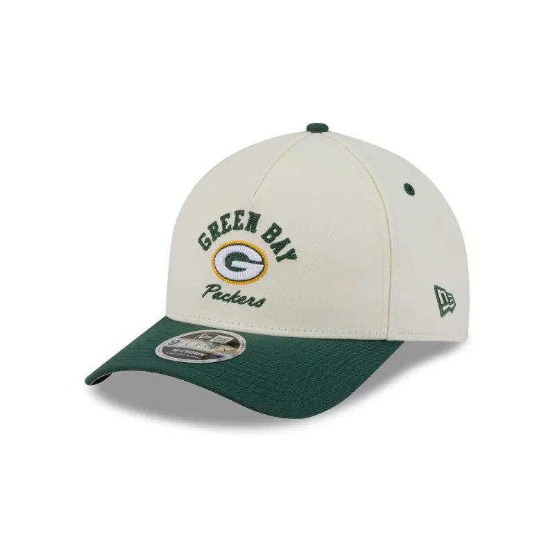 Green Bay Packers Arched Graphic Chrome White 9FORTY M-Crown A-Frame Snapback Hat made by New Era