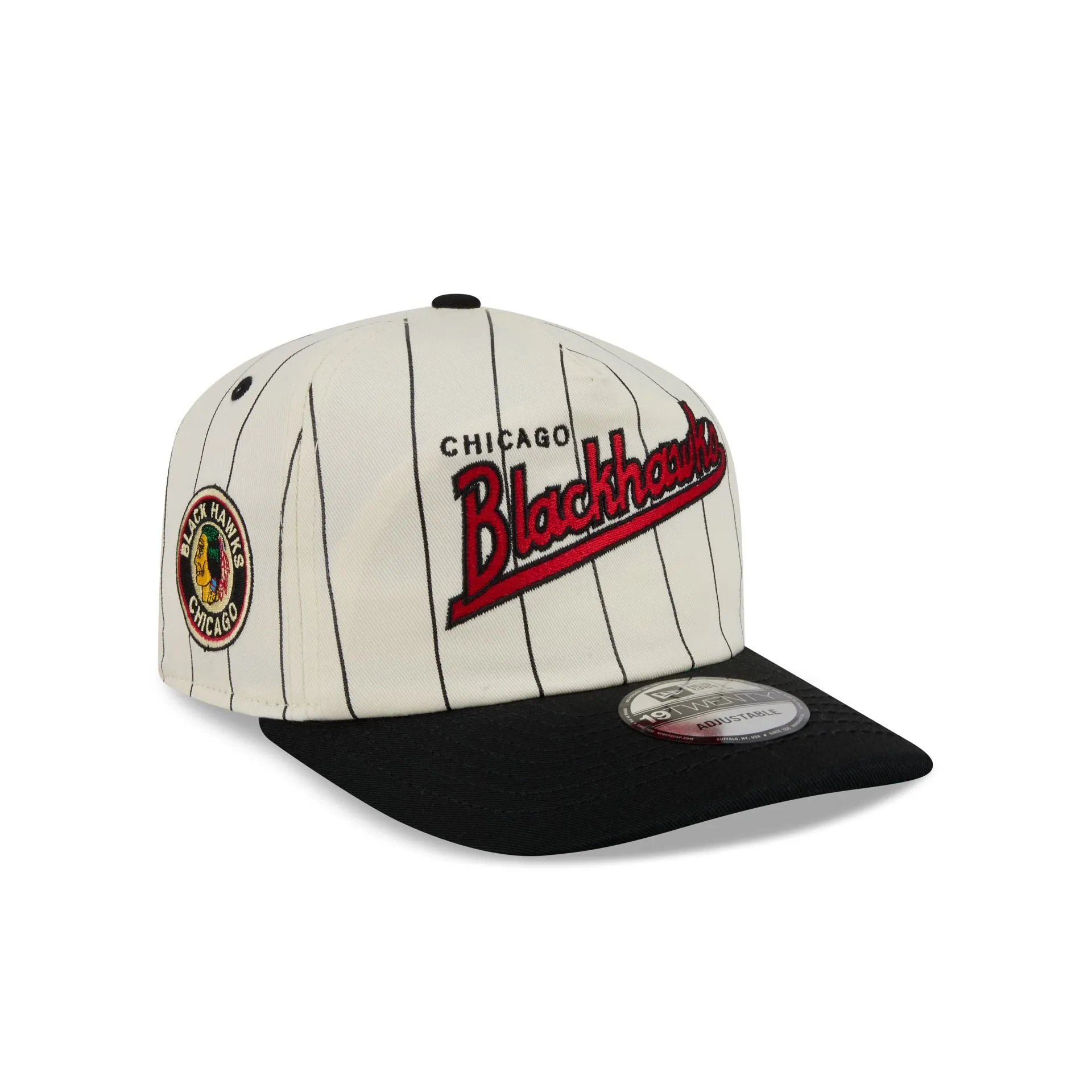 Chicago Blackhawks Chrome White Pinstripe 19TWENTY Snapback Hat sold by New Era