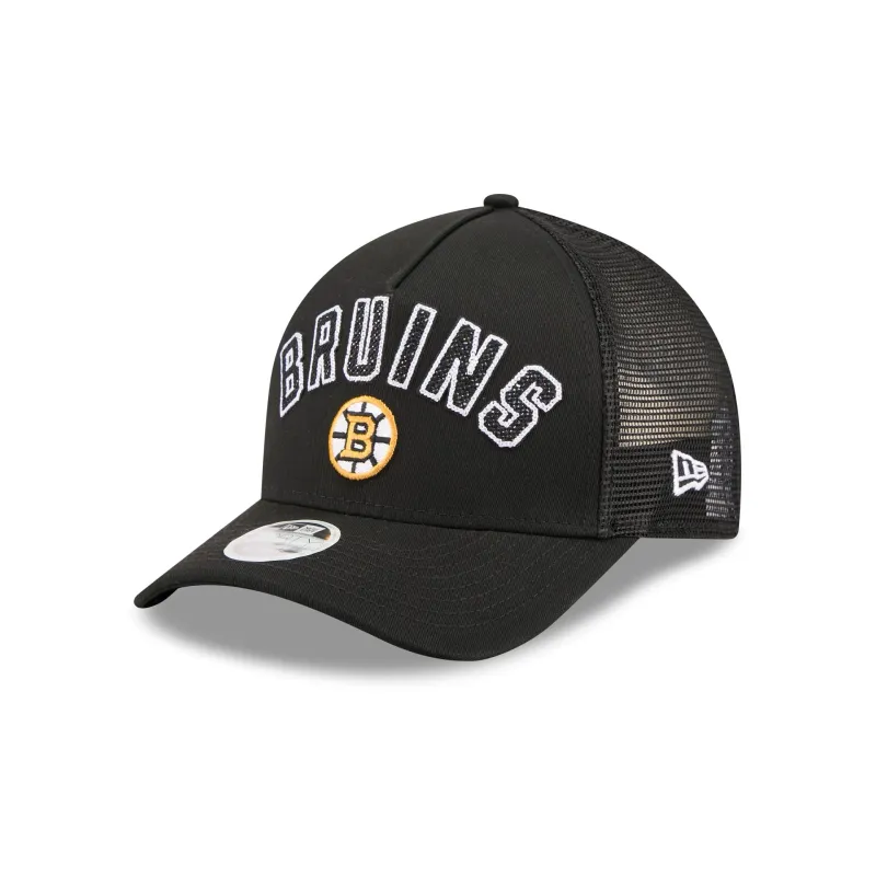 Boston Bruins Sequin Wordmark Women's 9FORTY M-Crown A-Frame Trucker Hat made by New Era