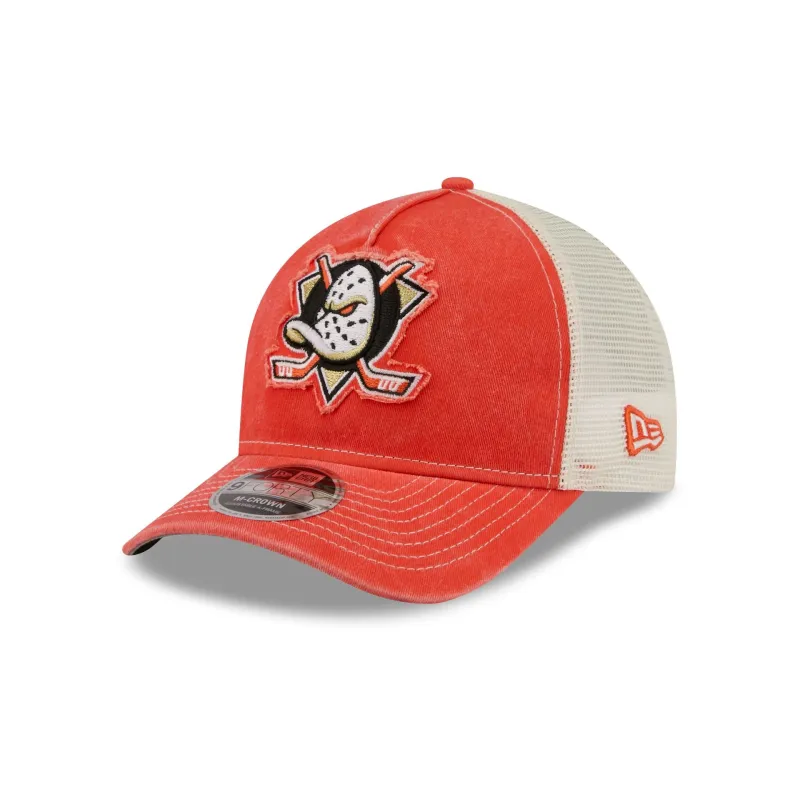 Anaheim Ducks Frayed Logo 9FORTY M-Crown A-Frame Trucker Hat made by New Era