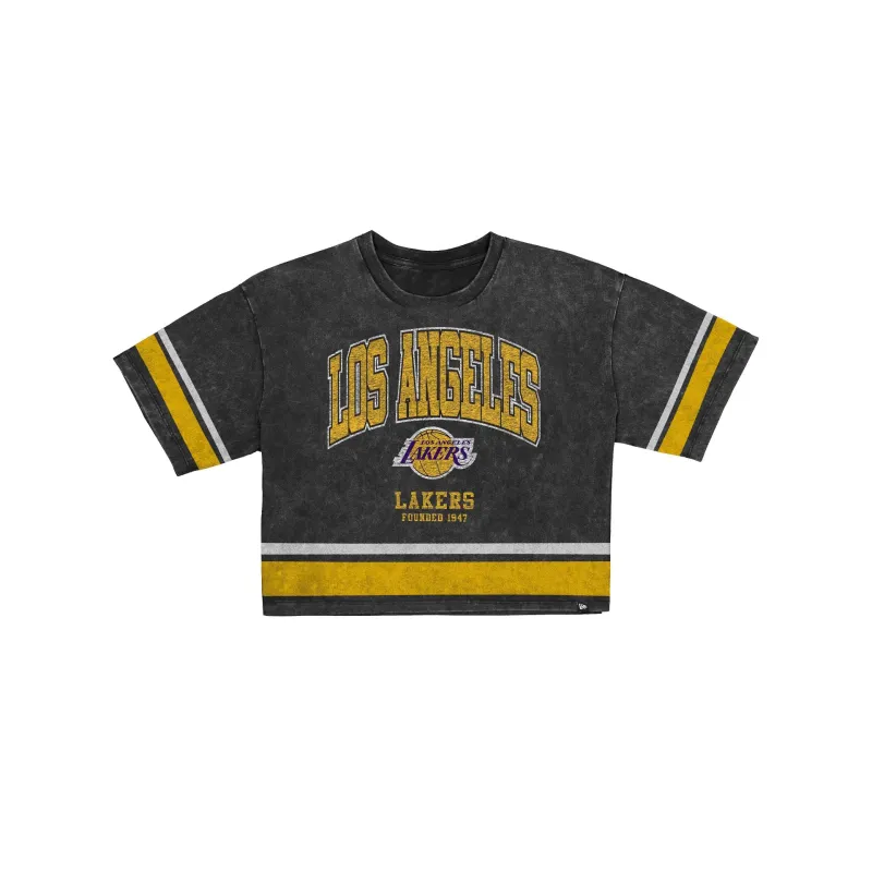 Los Angeles Lakers Women's Vintage Stripe Cropped T-Shirt made by New Era