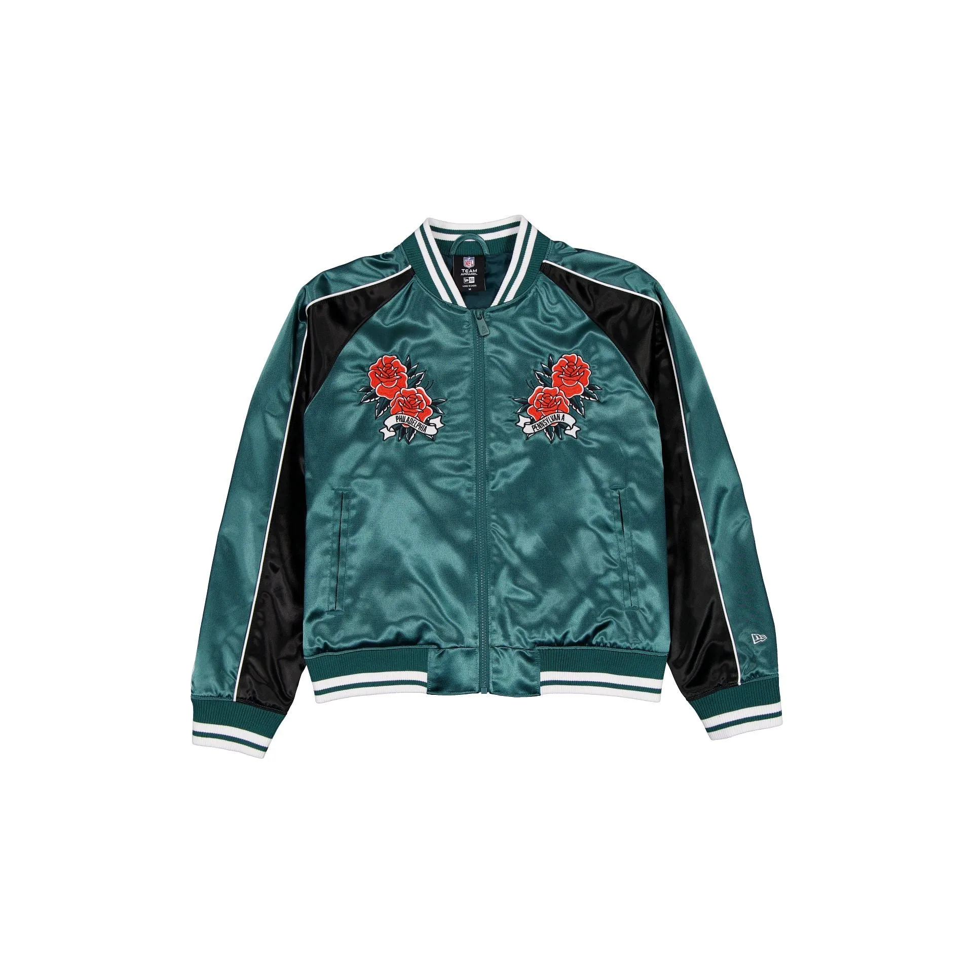 Philadelphia Eagles Women's Floral Satin Varsity Jacket sold by New Era