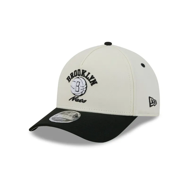 Brooklyn Nets Arched Graphic Chrome White 9FORTY M-Crown A-Frame Snapback Hat made by New Era